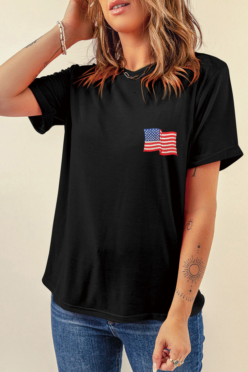 US Flag Round Neck Short Sleeve T-Shirt-Angel Casuals