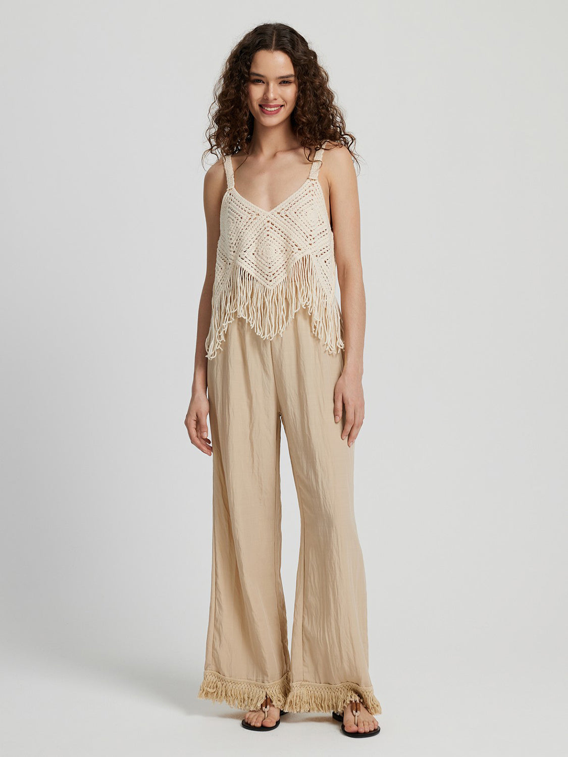 Fringe Hem Wide Leg Long Pants-Angel Casuals