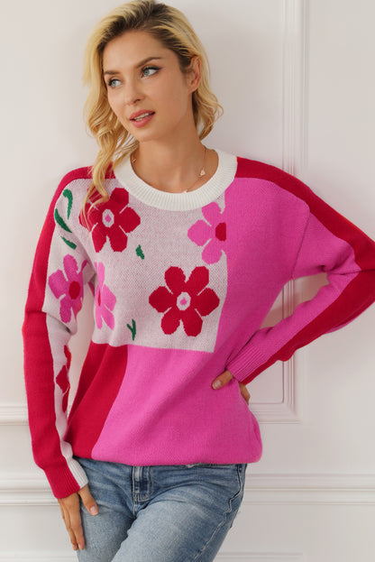 Flower Color Block Round Neck Sweater-Angel Casuals