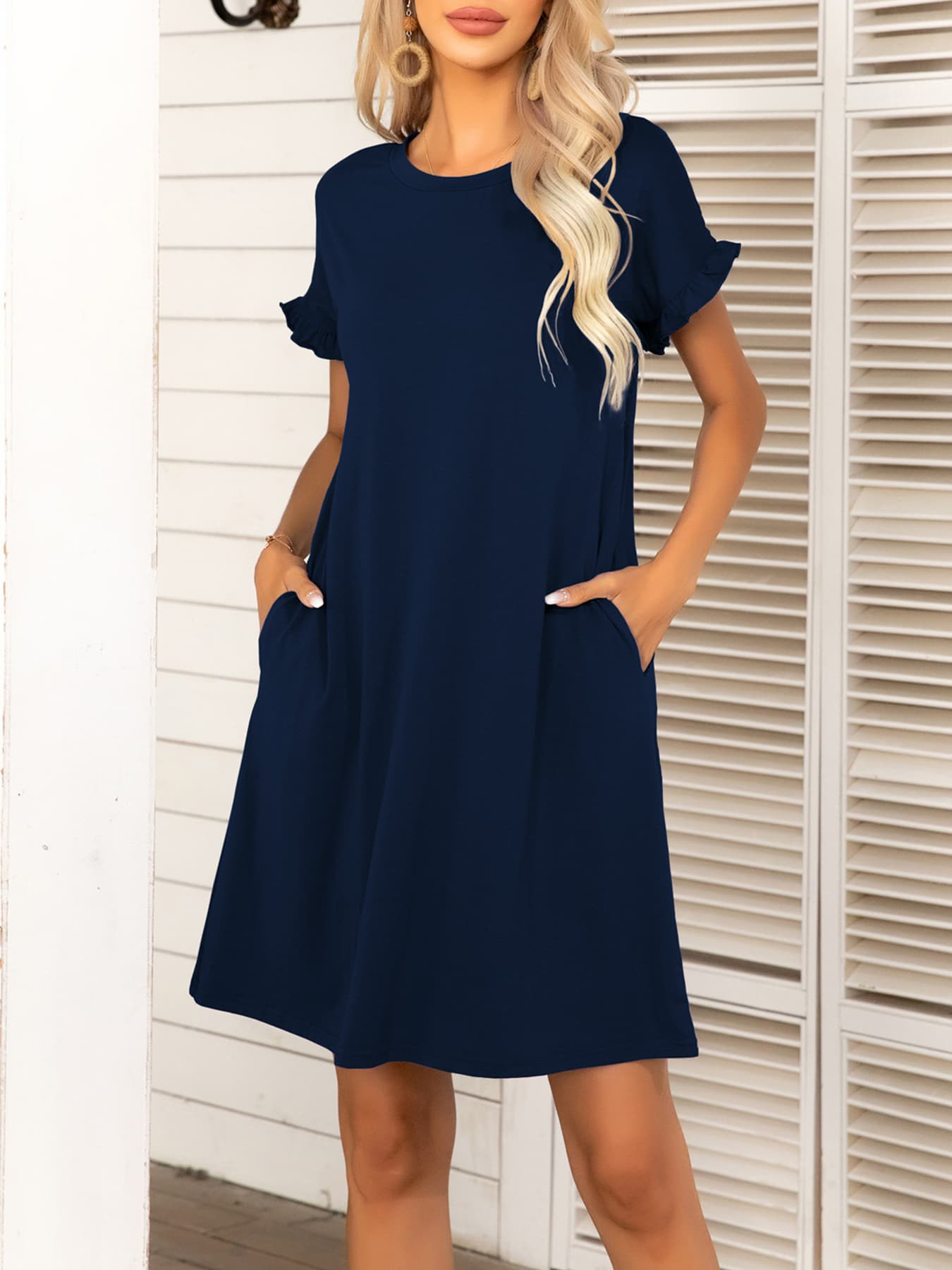 Round Neck Flounce Sleeve Dress with Pockets-Angel Casuals