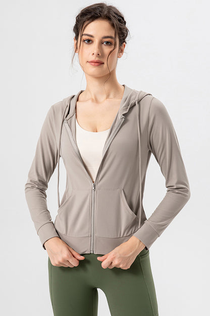 Drawstring Zip Up Hooded Active Outerwear-Angel Casuals