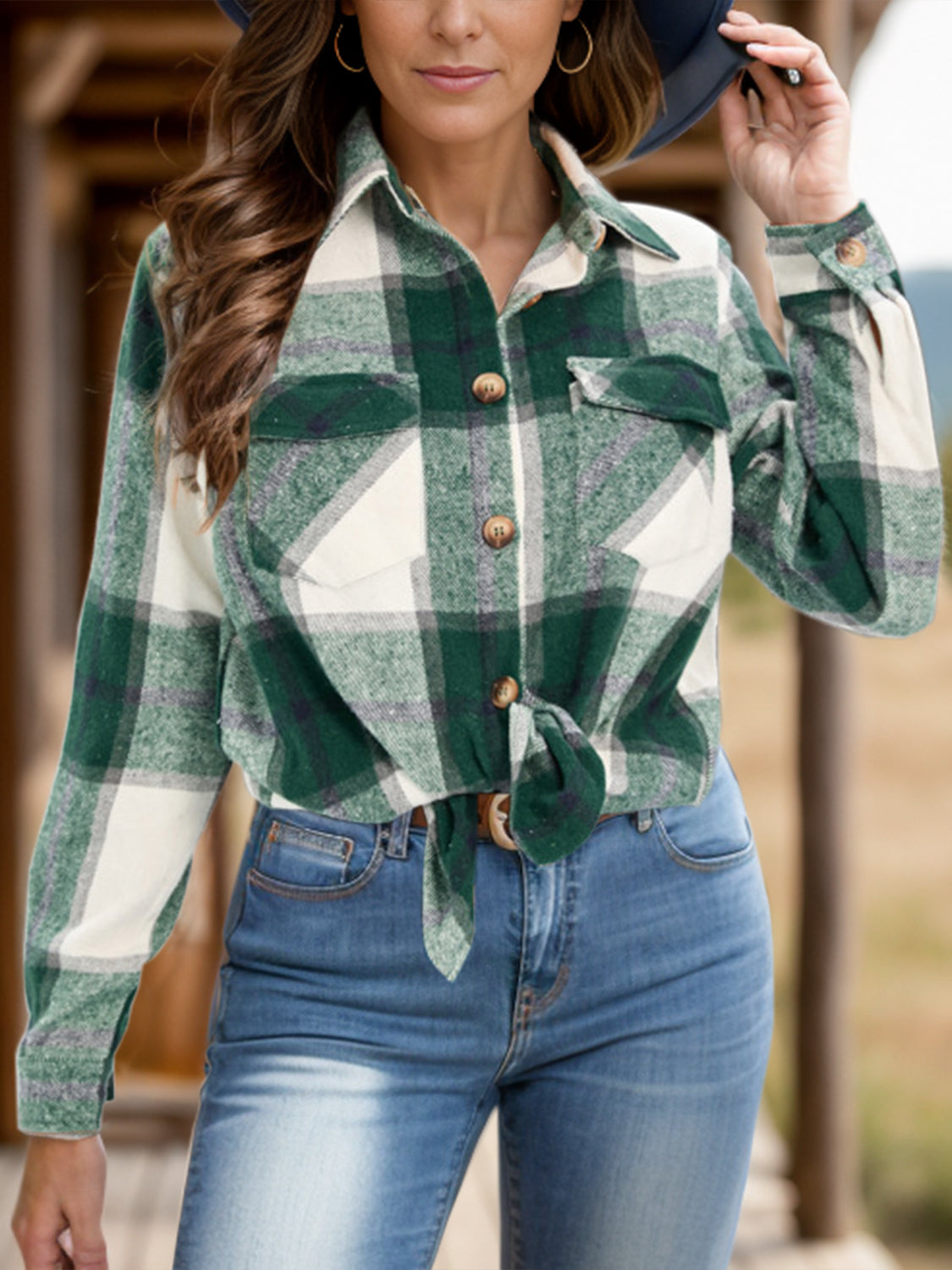 Full Size Pocketed Plaid Collared Neck Shacket-Angel Casuals