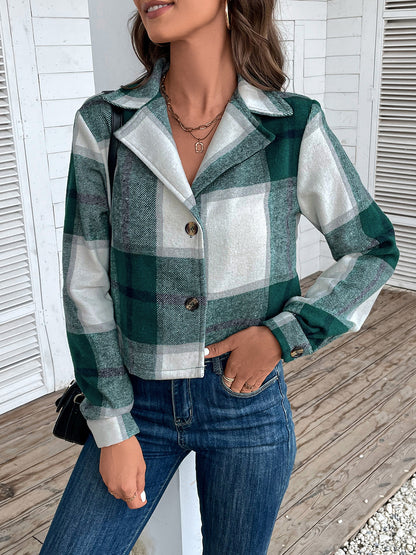 Perfee Plaid Collared Neck Button Up Long Sleeve Jacket-Angel Casuals