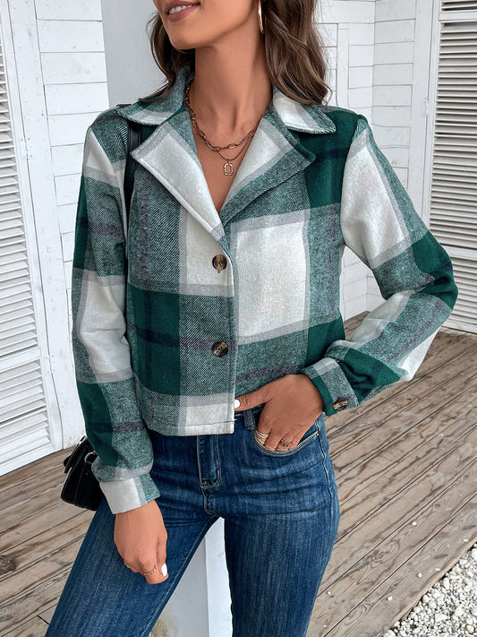Perfee Plaid Collared Neck Button Up Long Sleeve Jacket-Angel Casuals