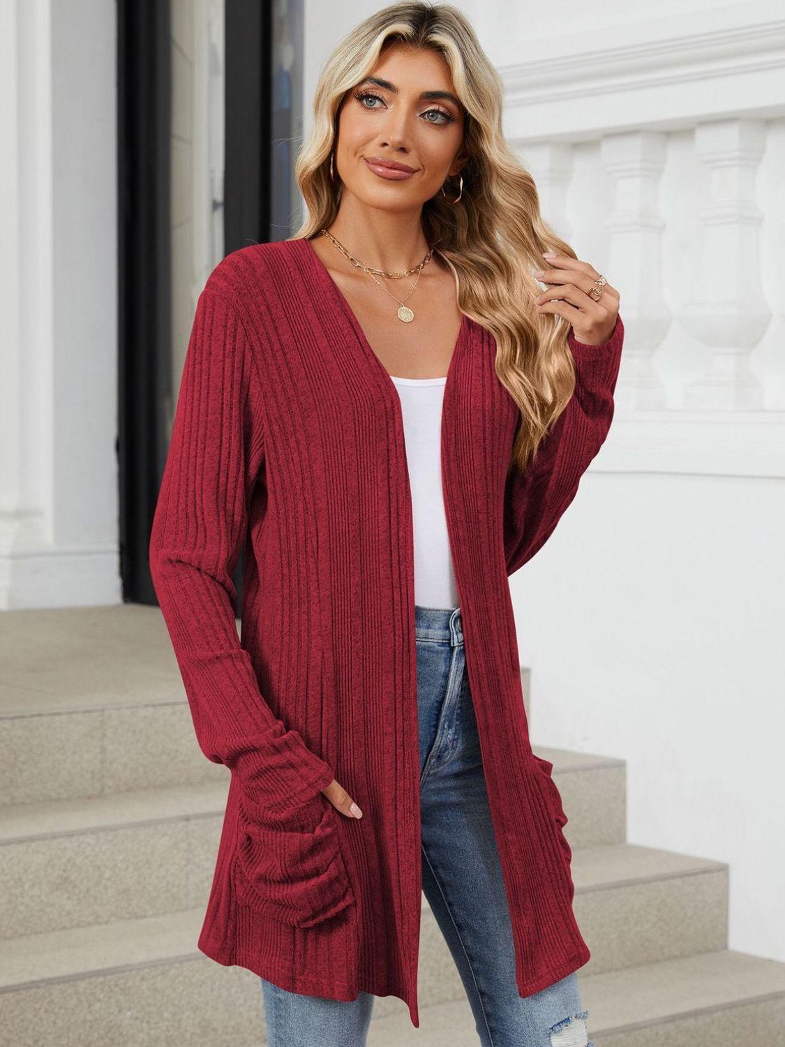 Pocketed Open Front Long Sleeve Cardigan-Angel Casuals