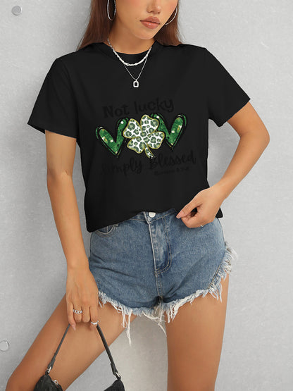 Lucky Clover Round Neck Short Sleeve T-Shirt-Angel Casuals