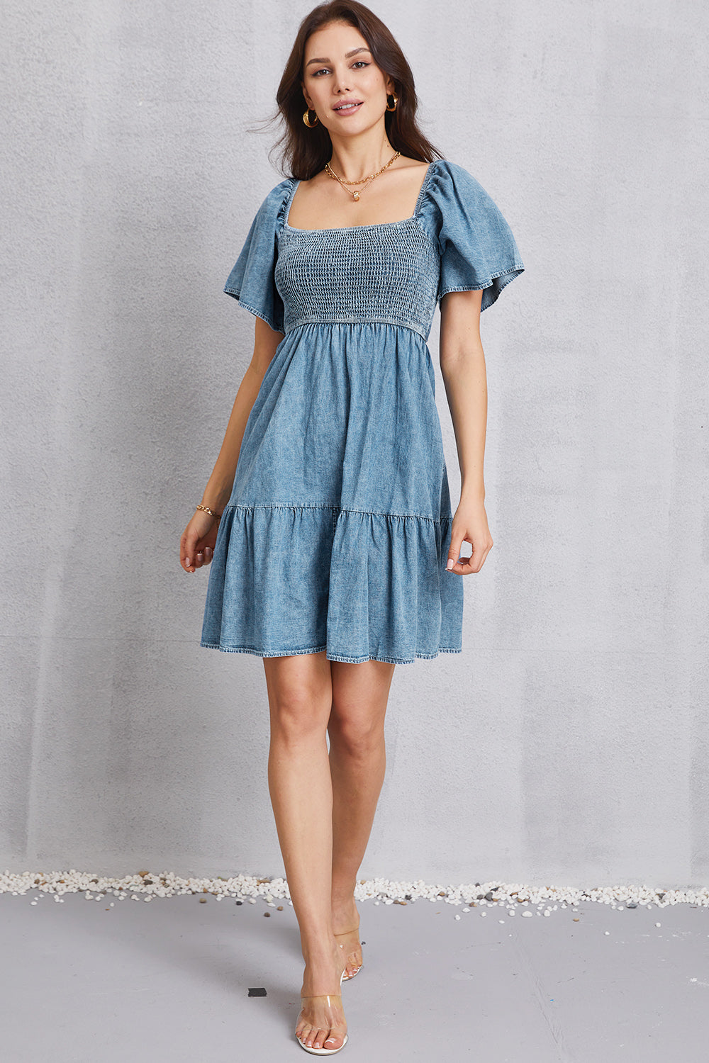 Smocked Square Neck Mini Denim Dress-Angel Casuals