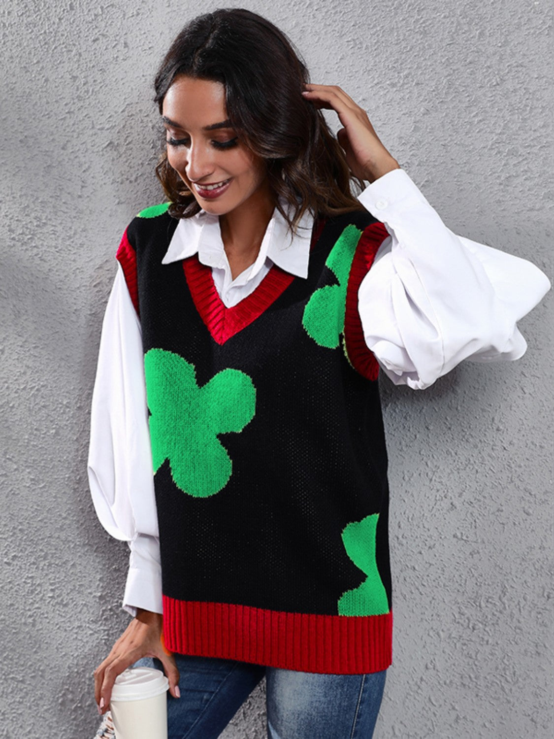 Four Leaf Clover V-Neck Sweater Vest-Angel Casuals