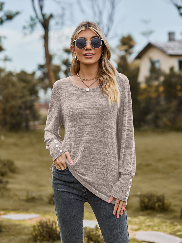 Round Neck Long Sleeve Buttoned T-Shirt-Angel Casuals