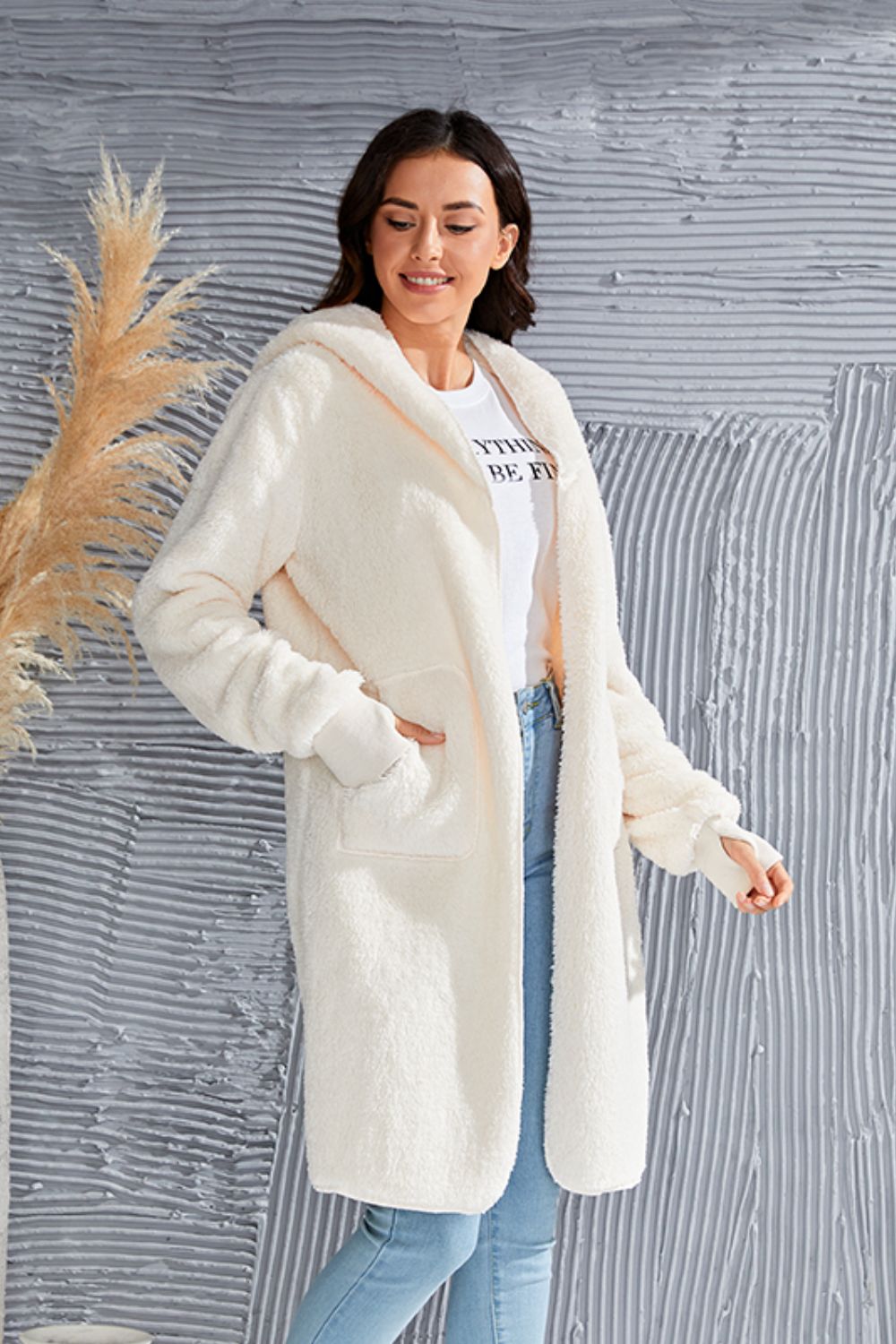 Double Take Full Size Hooded Teddy Bear Jacket with Thumbholes-Angel Casuals