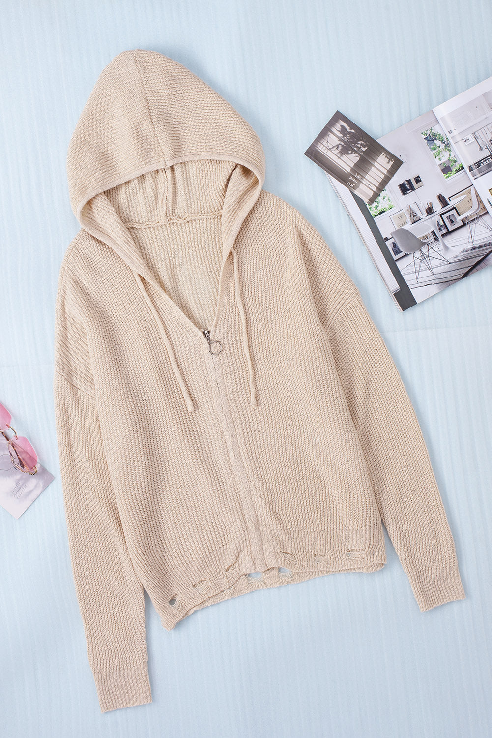 Distressed Zip Up Drawstring Hooded Cardigan-Angel Casuals
