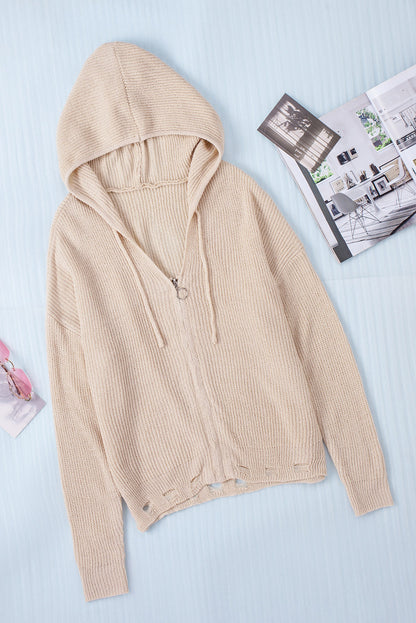 Distressed Zip Up Drawstring Hooded Cardigan-Angel Casuals