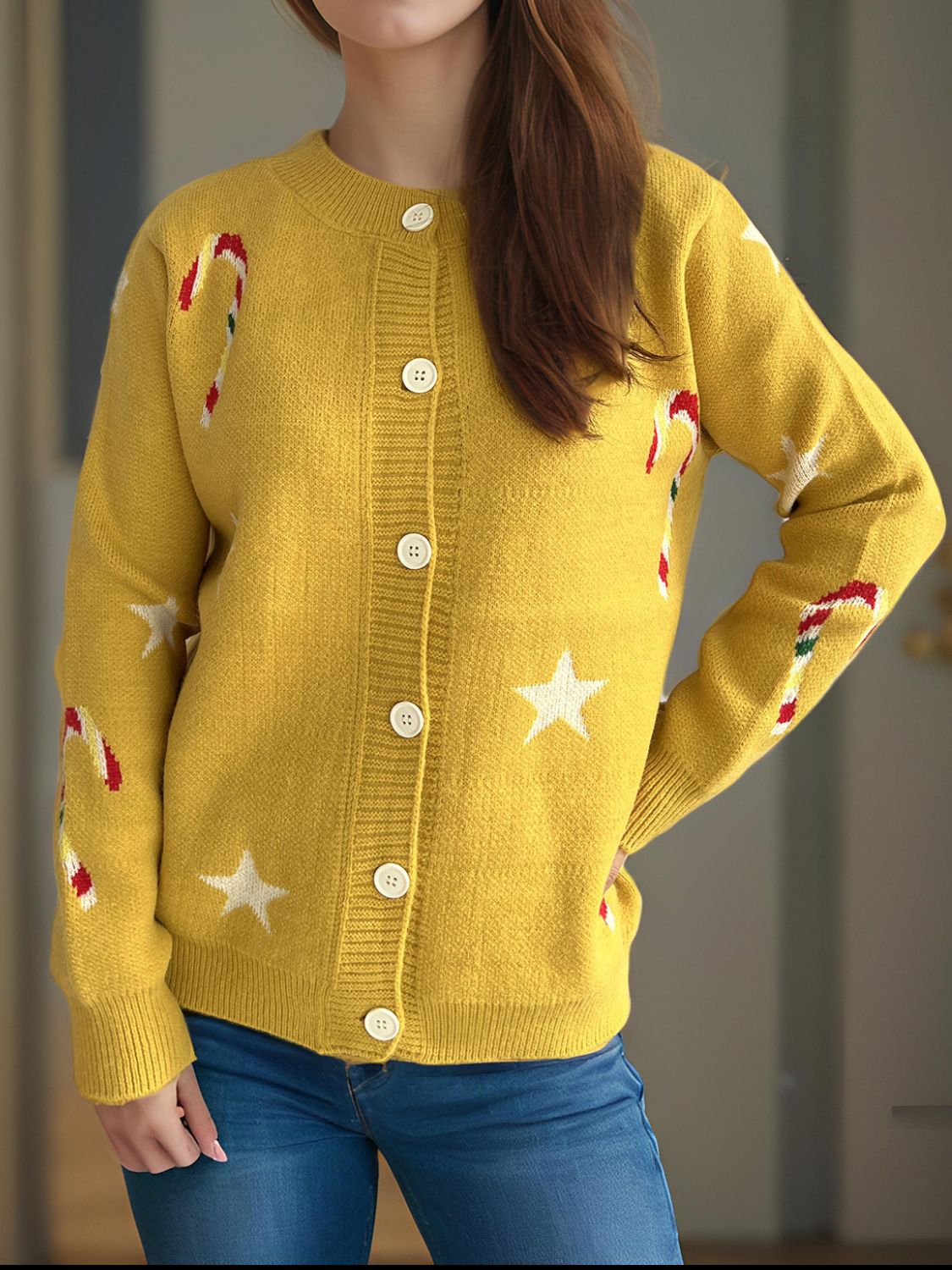Candy Cane & Star Button Down Long Sleeve Cardigan-Angel Casuals