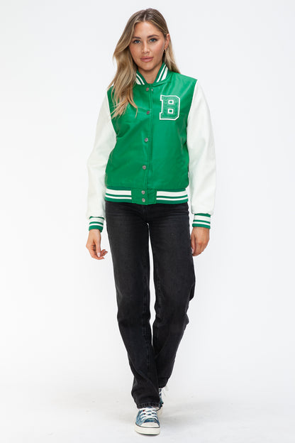 Love Me Now PU Leather Contrast Snap Down Bomber Jacket-Angel Casuals
