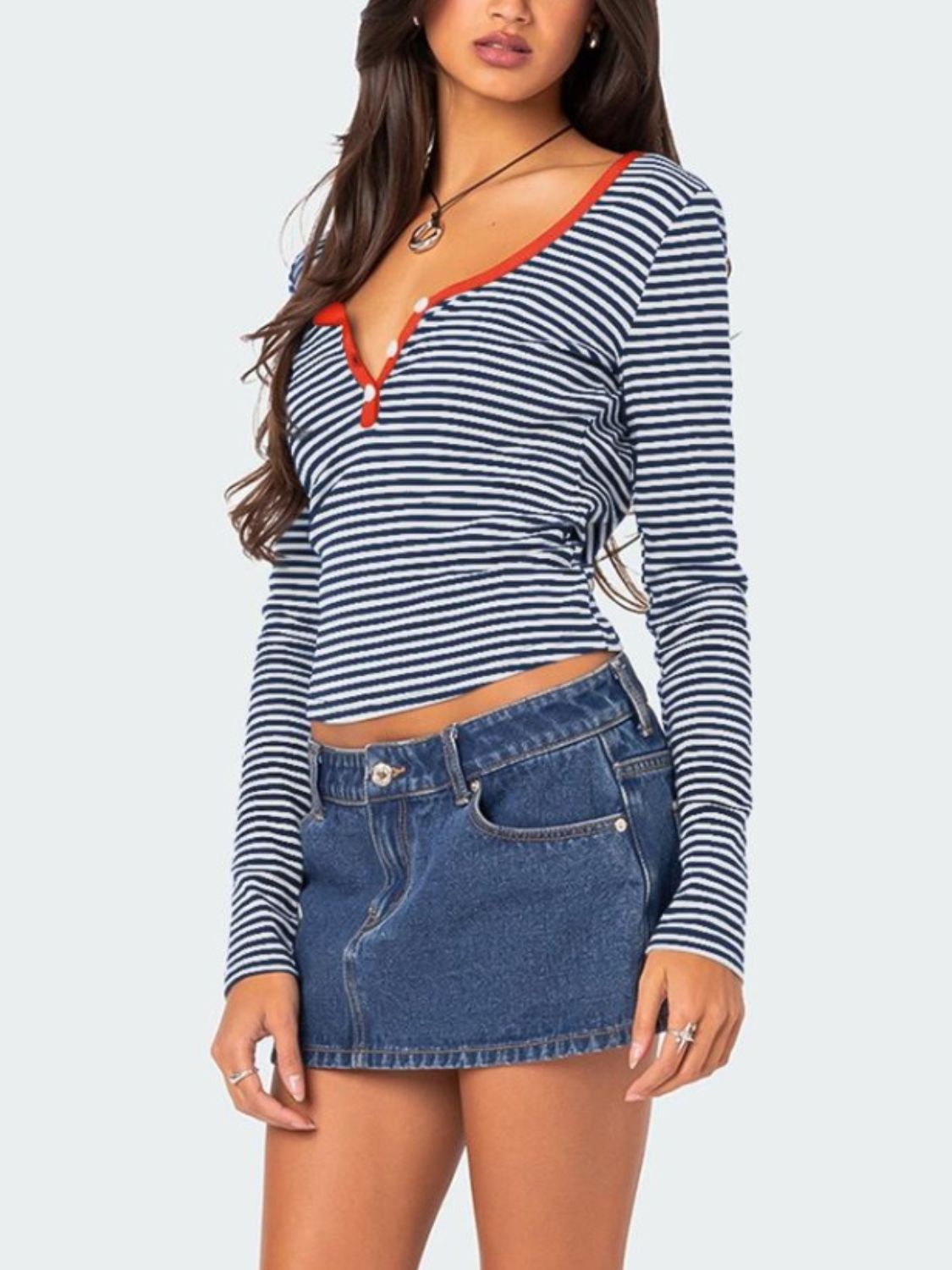 Buttoned Striped Long Sleeve T-Shirt-Angel Casuals