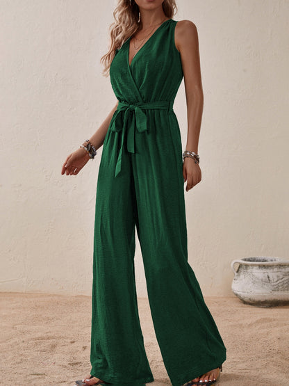 Tied Surplice Sleeveless Wide Leg Jumpsuit-Angel Casuals