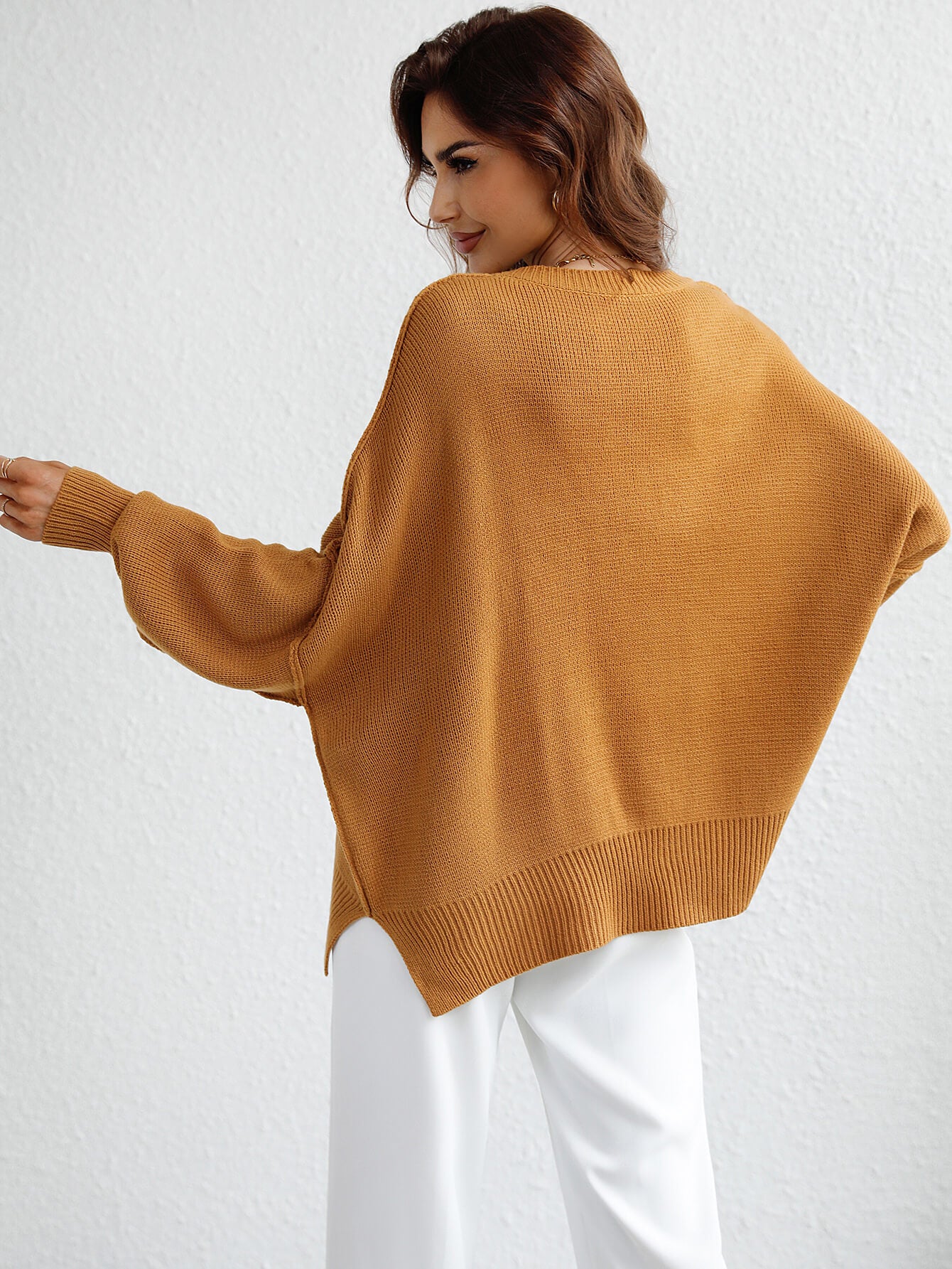 Exposed Seam Dropped Shoulder Slit Sweater-Angel Casuals