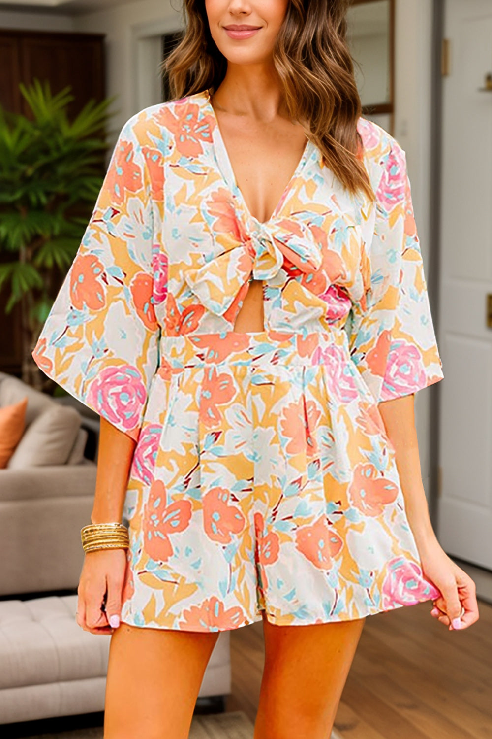 Tied Printed Half Sleeve Romper-Angel Casuals