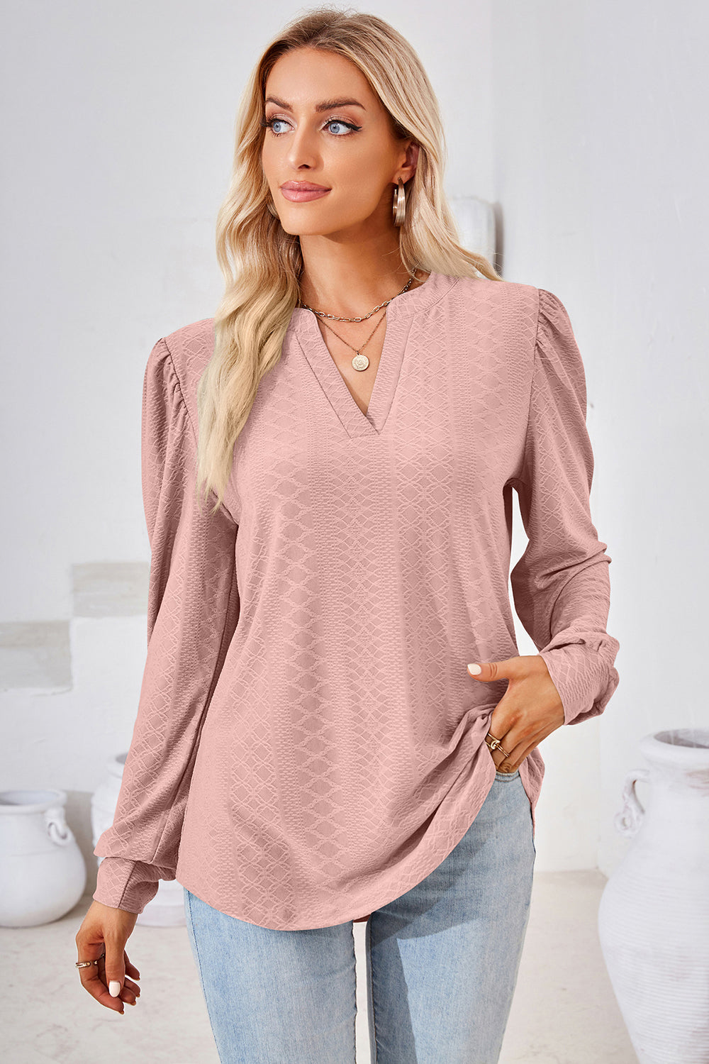 Notched Long Sleeve T-Shirt-Angel Casuals