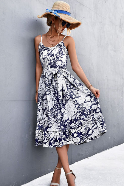 Floral Frill Trim Scoop Neck Spaghetti Strap Dress-Angel Casuals