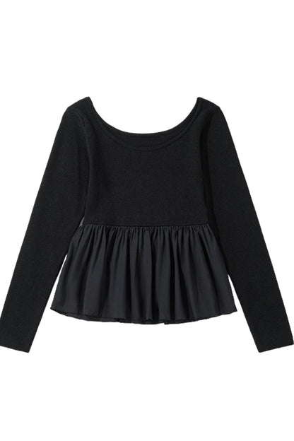 Peplum Scoop Neck Long Sleeve T-Shirt-Angel Casuals