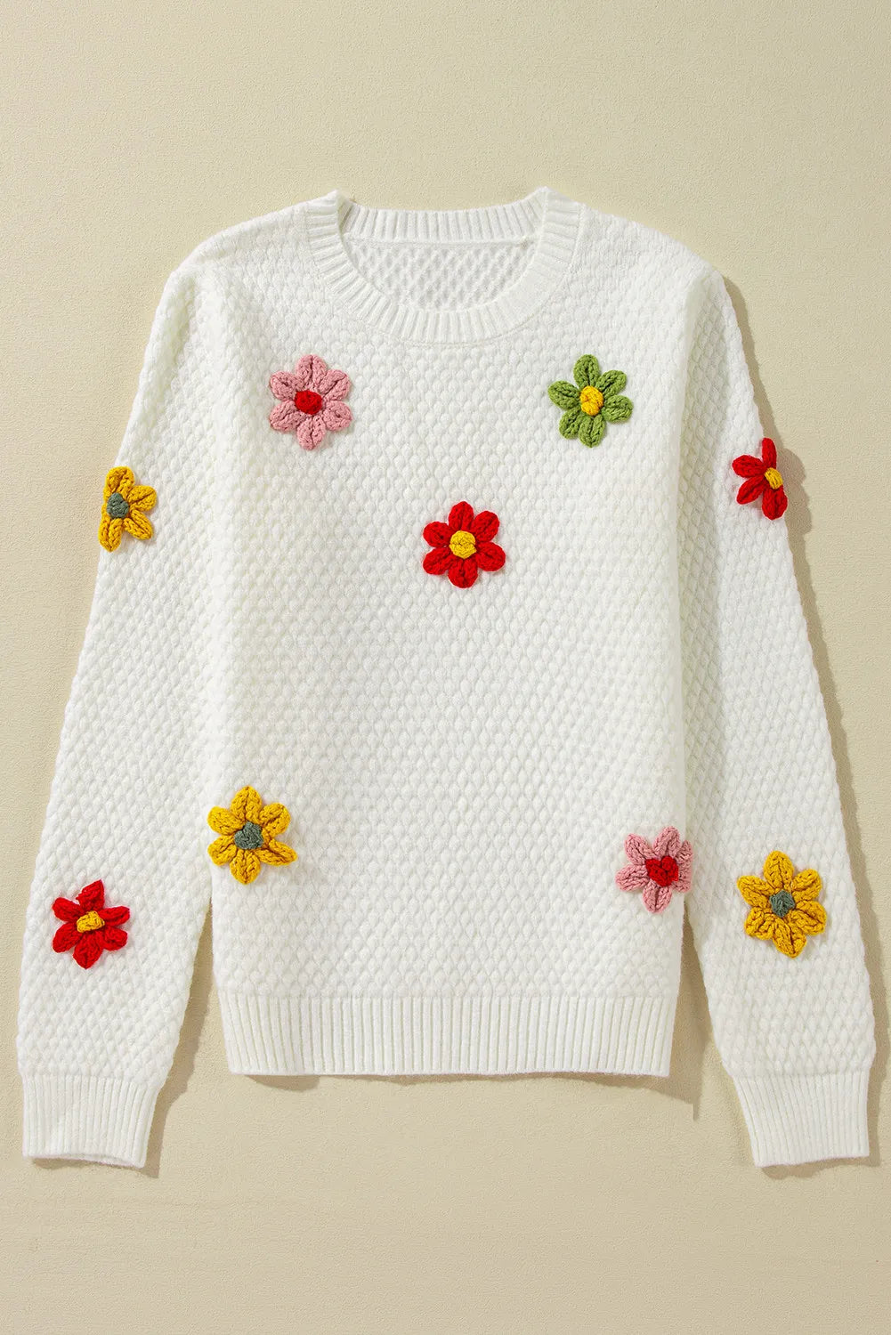 Crochet Flower Round Neck Sweater-Angel Casuals