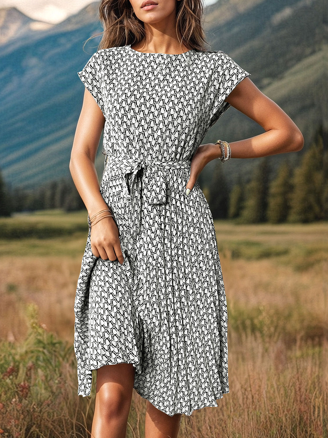 Printed Cap Sleeve Tie Waist Dress-Angel Casuals