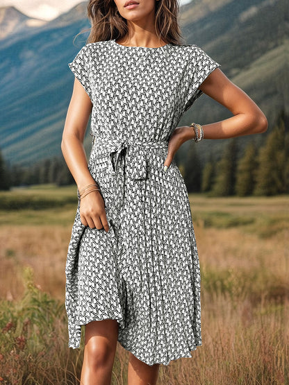 Printed Cap Sleeve Tie Waist Dress-Angel Casuals