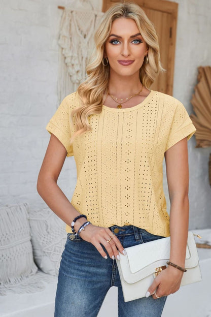 Eyelet Round Neck Rolled Short Sleeve T-Shirt-Angel Casuals