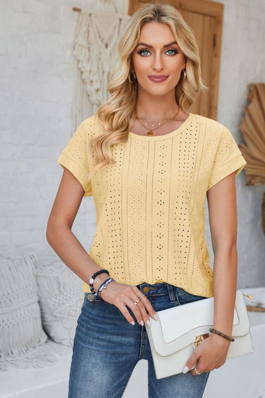 Eyelet Round Neck Rolled Short Sleeve T-Shirt-Angel Casuals