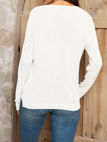 V-Neck Long Sleeve Knit Top with Pocket-Angel Casuals