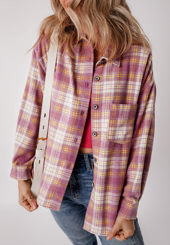 Plaid Collared Neck Button Up Shacket-Angel Casuals
