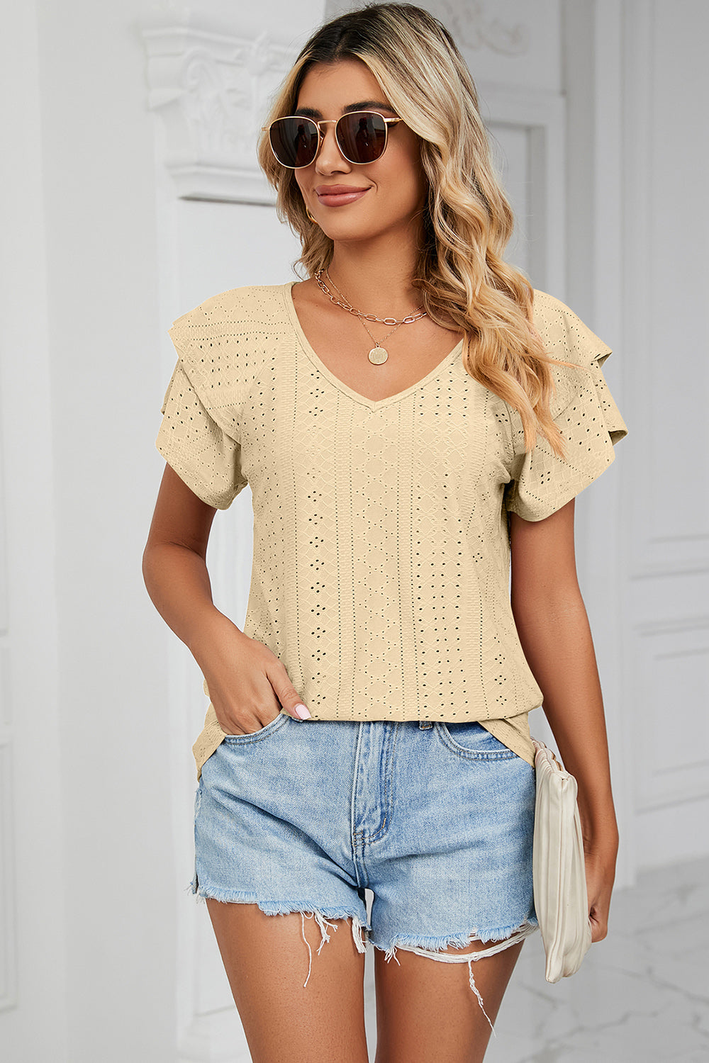 Eyelet V-Neck Short Sleeve T-Shirt-Angel Casuals