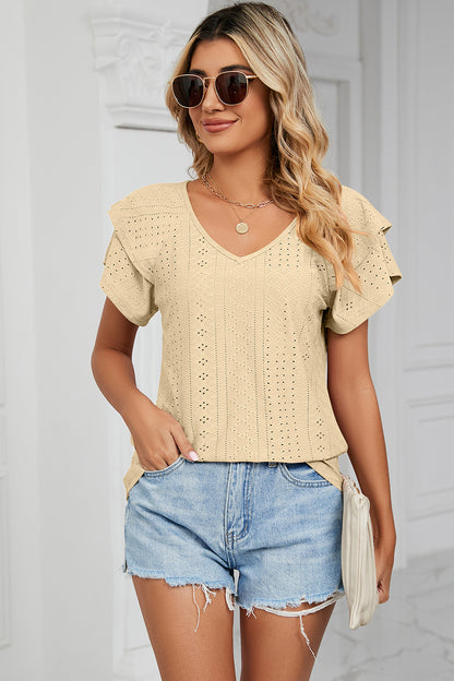 Eyelet V-Neck Short Sleeve T-Shirt-Angel Casuals