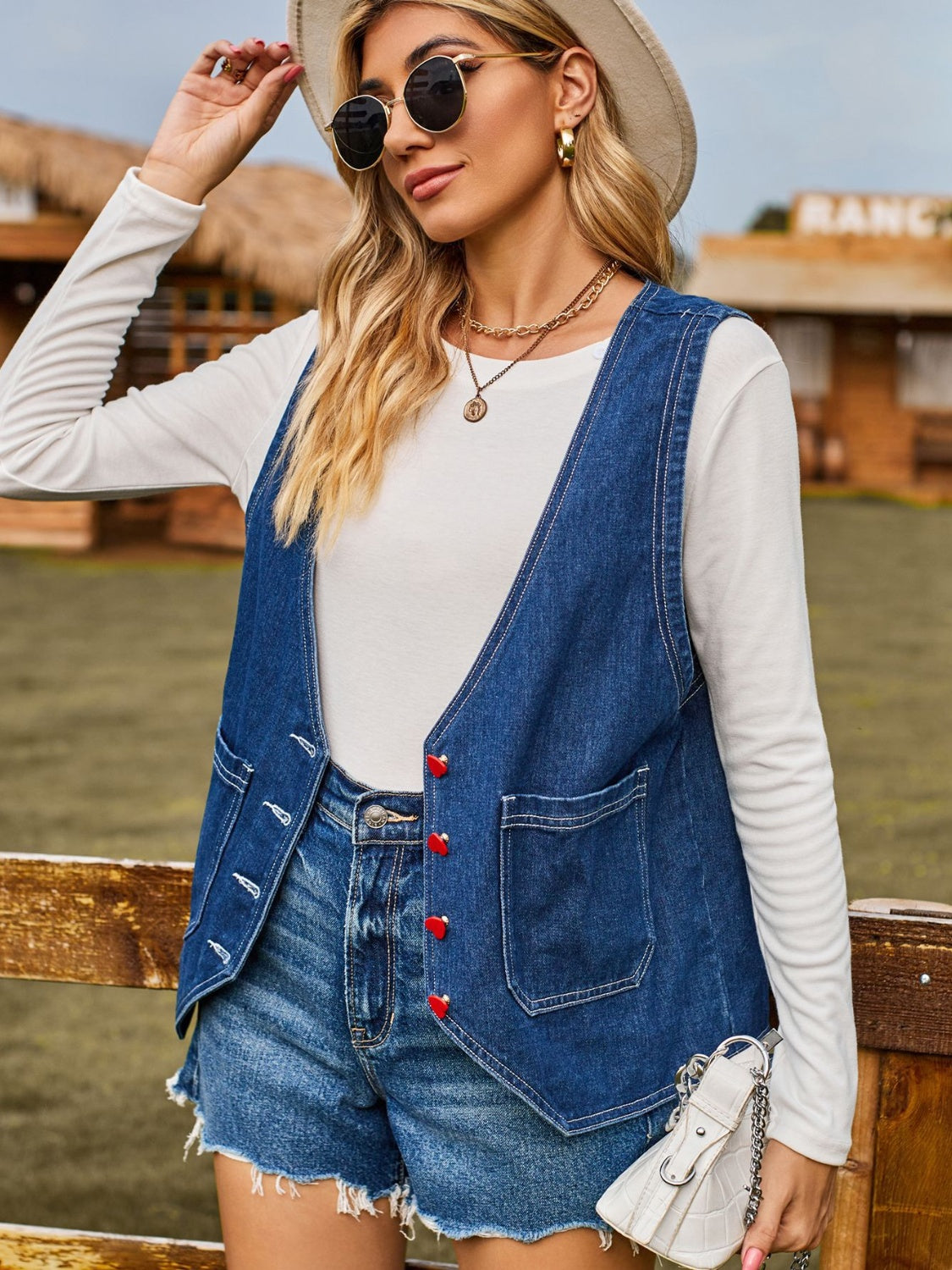 Pocketed Button Up Sleeveless Denim Jacket-Angel Casuals