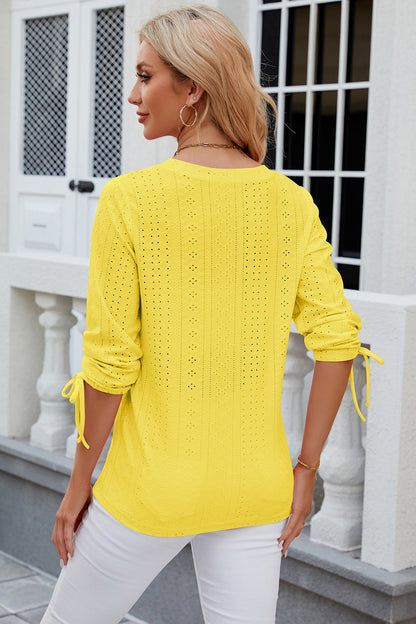 Eyelet Drawstring V-Neck Half Sleeve T-Shirt-Angel Casuals