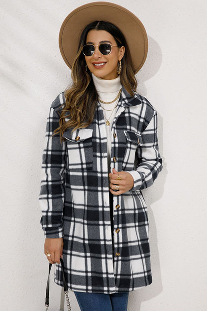 Shiny Plaid Collared Longline Coat-Angel Casuals