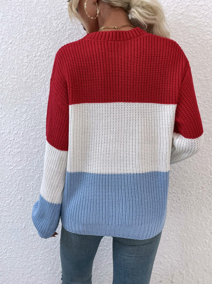 Color Block Round Neck Sweater-Angel Casuals