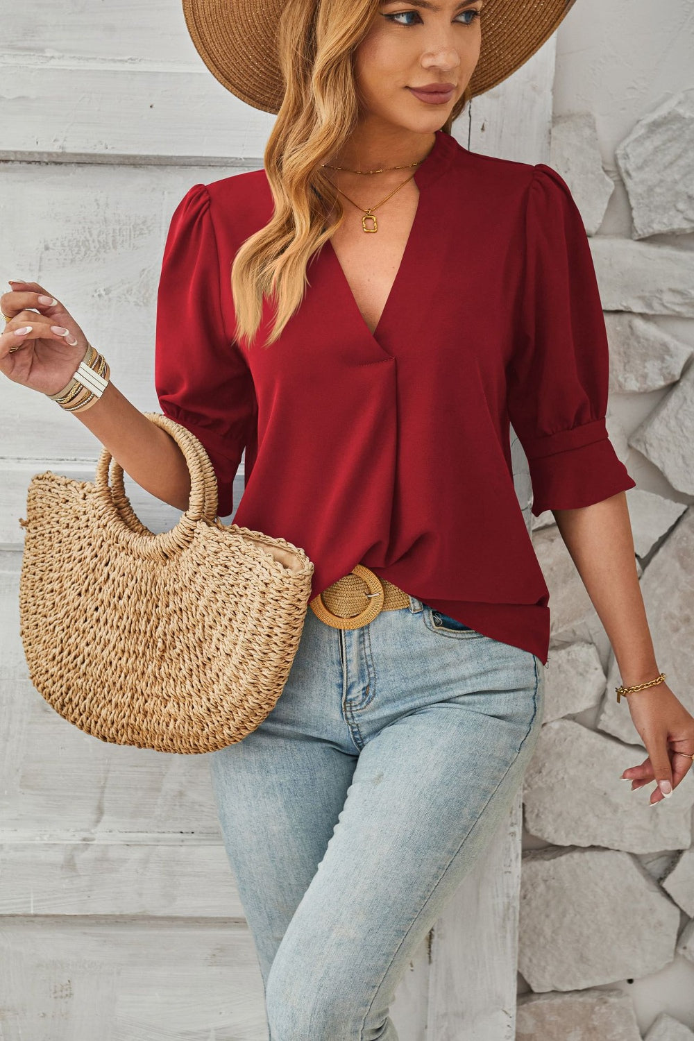 Notched Half Sleeve T-Shirt-Angel Casuals