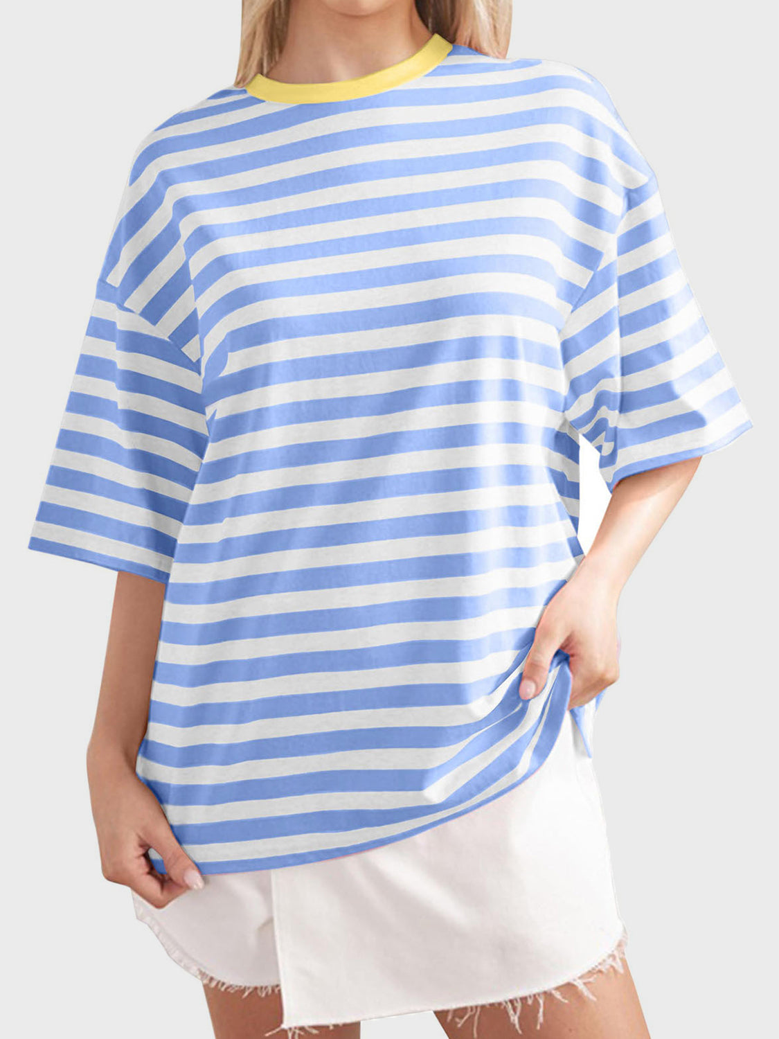 Striped Round Neck Half Sleeve T-Shirt-Angel Casuals