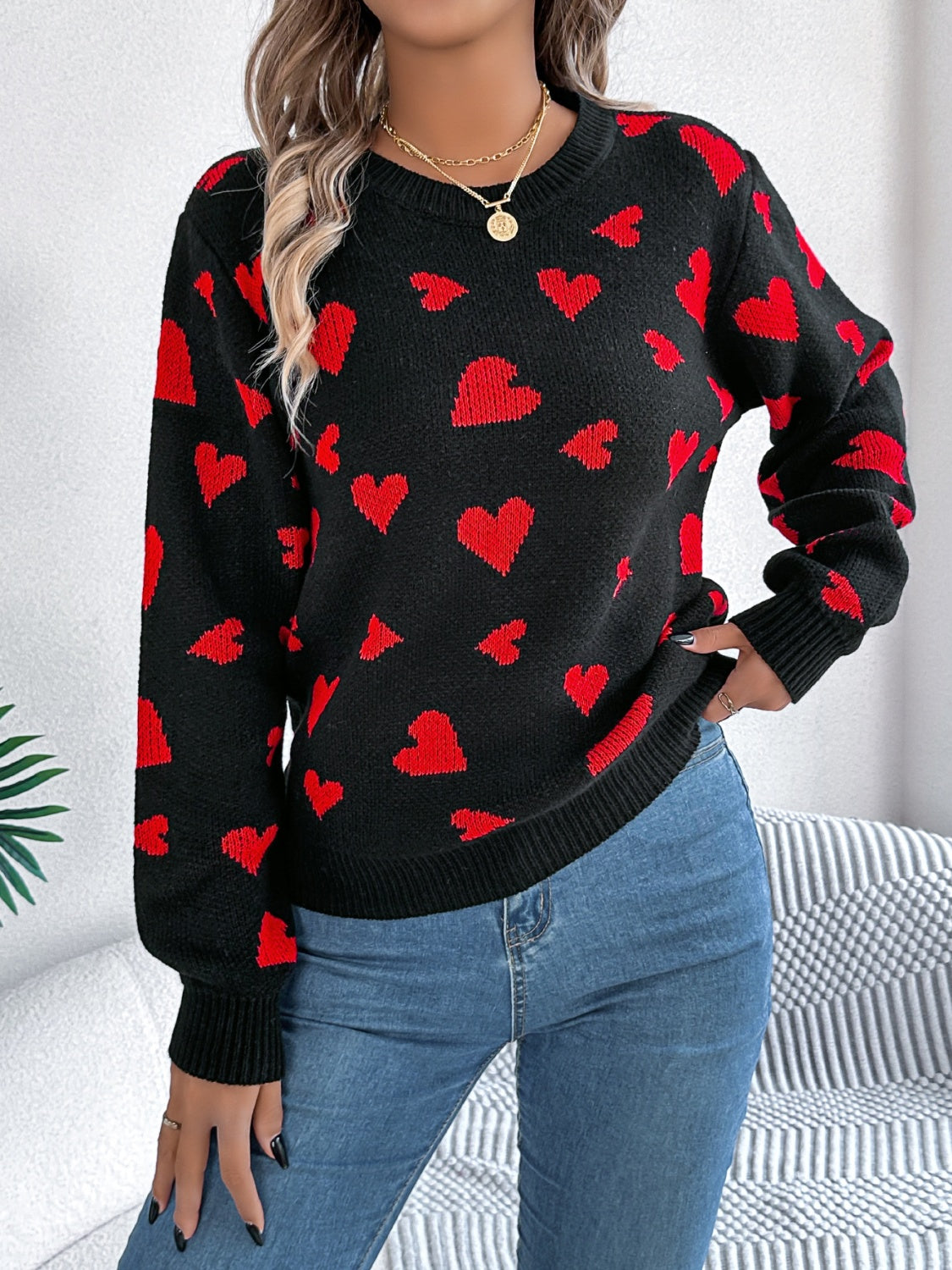 Heart Round Neck Long Sleeve Sweater-Angel Casuals