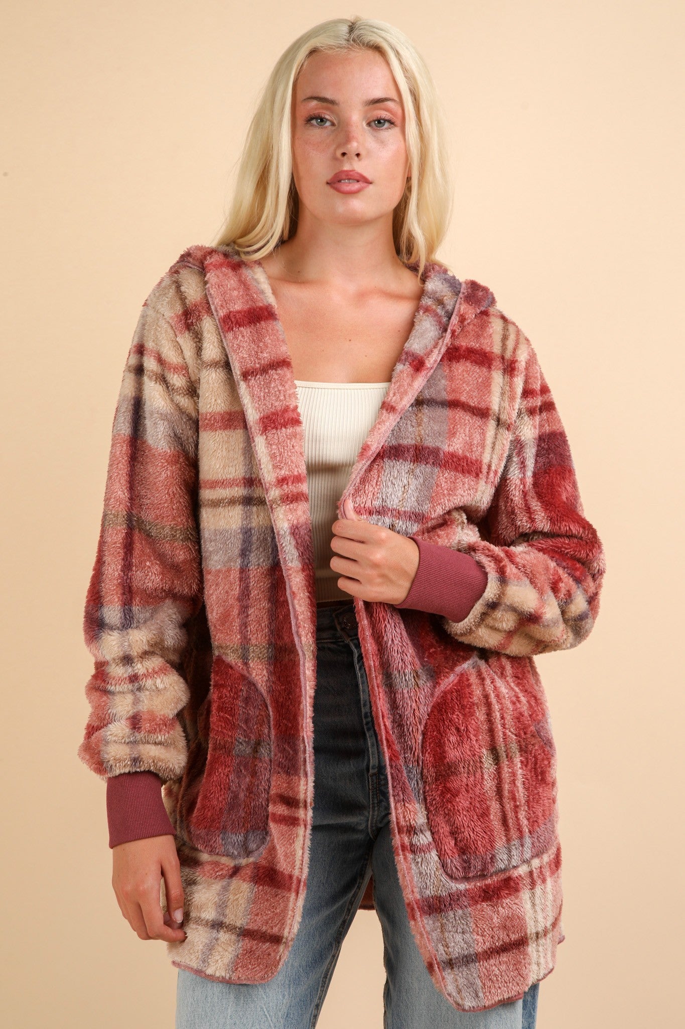 VERY J Fuzzy Plaid Long Sleeve Hooded Jacket-Angel Casuals