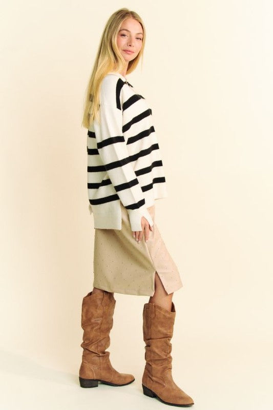 Davi & Dani High-Low Side Slit Striped Johnny Collar Sweater-Angel Casuals