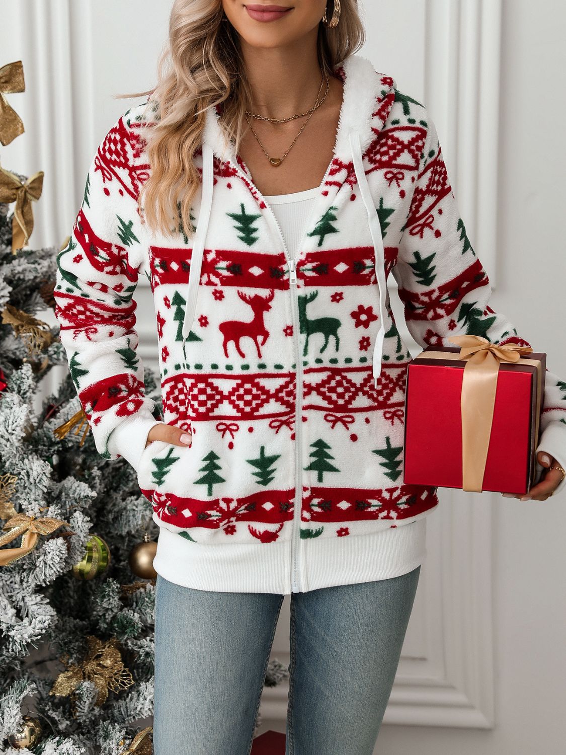 Drawstring Christmas Element Zip Up Hooded Jacket-Angel Casuals