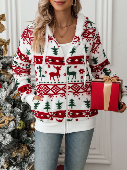 Drawstring Christmas Element Zip Up Hooded Jacket-Angel Casuals