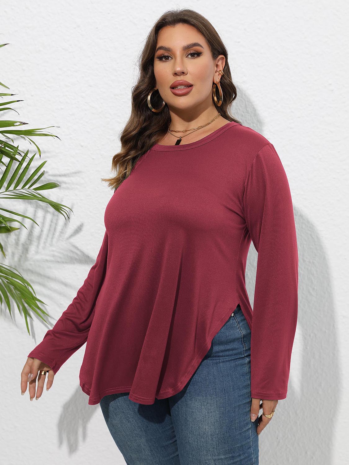 Plus Size Round Neck Long Sleeve Slit T-Shirt-Angel Casuals