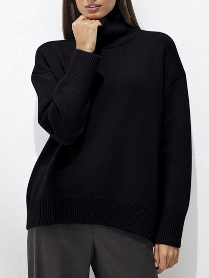 Ribbed Detail Turtleneck Dropped Shoulder Sweater-Angel Casuals