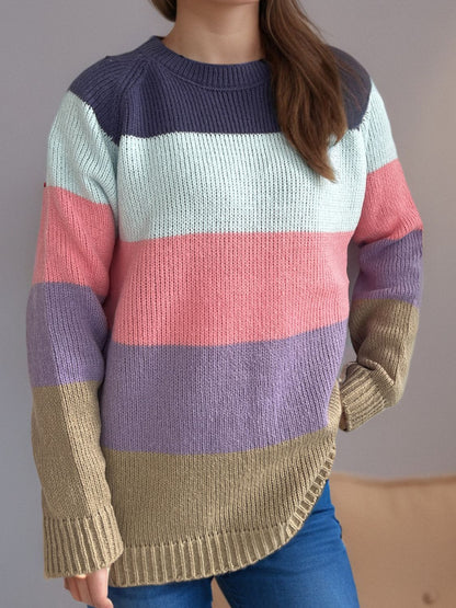 Color Block Round Neck Long Sleeve Sweater-Angel Casuals