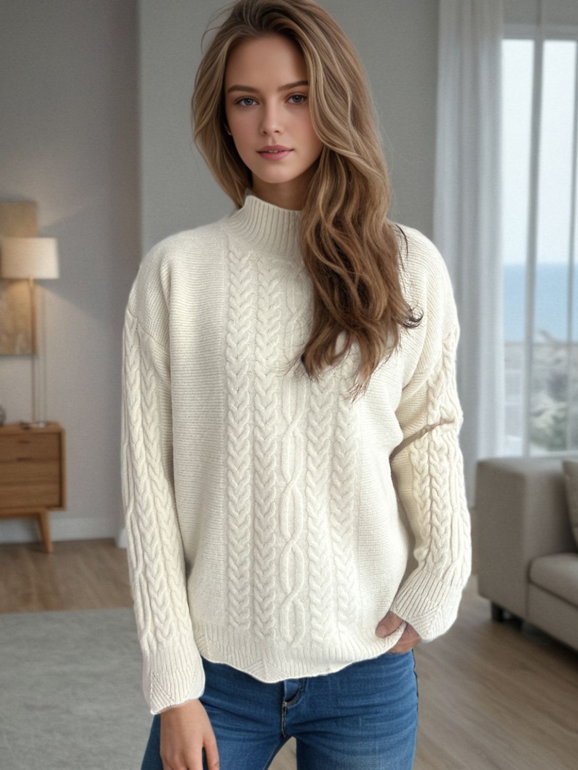 Cable-Knit Mock Neck Dropped Shoulder Sweater-Angel Casuals