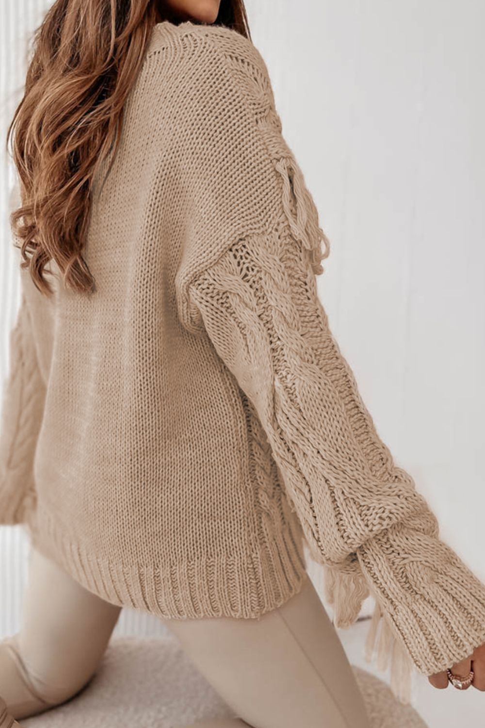 Cable-Knit Fringe Round Neck Sweater-Angel Casuals